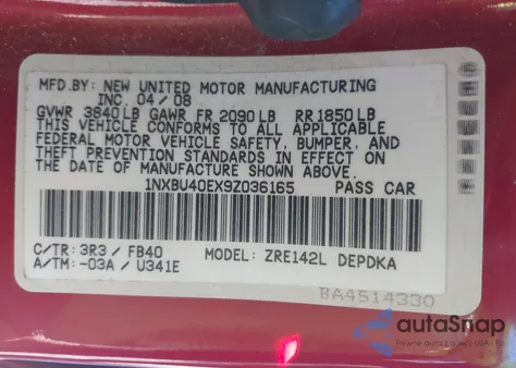 2009 Toyota Corolla Le from USA, damaged, VIN 1NXBU40EX9Z036165